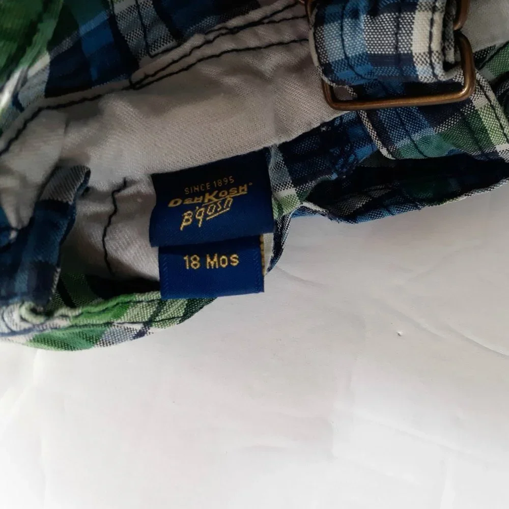 Oshkosh Boys Overall Shorts Green Blue Plaid Shoralls 18 Months